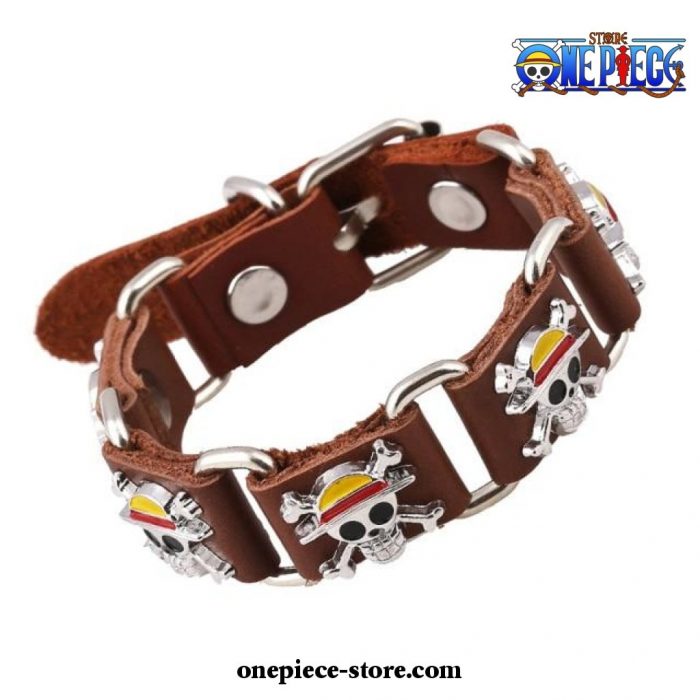 One Piece Luffy Pirate Logo Bracelet Leather Brown Style 1