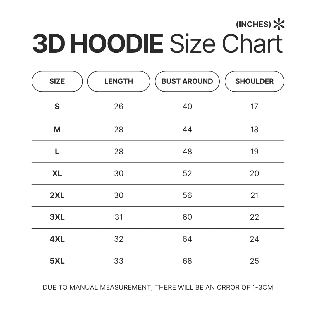 3D Hoodie Size Chart - One Piece Store