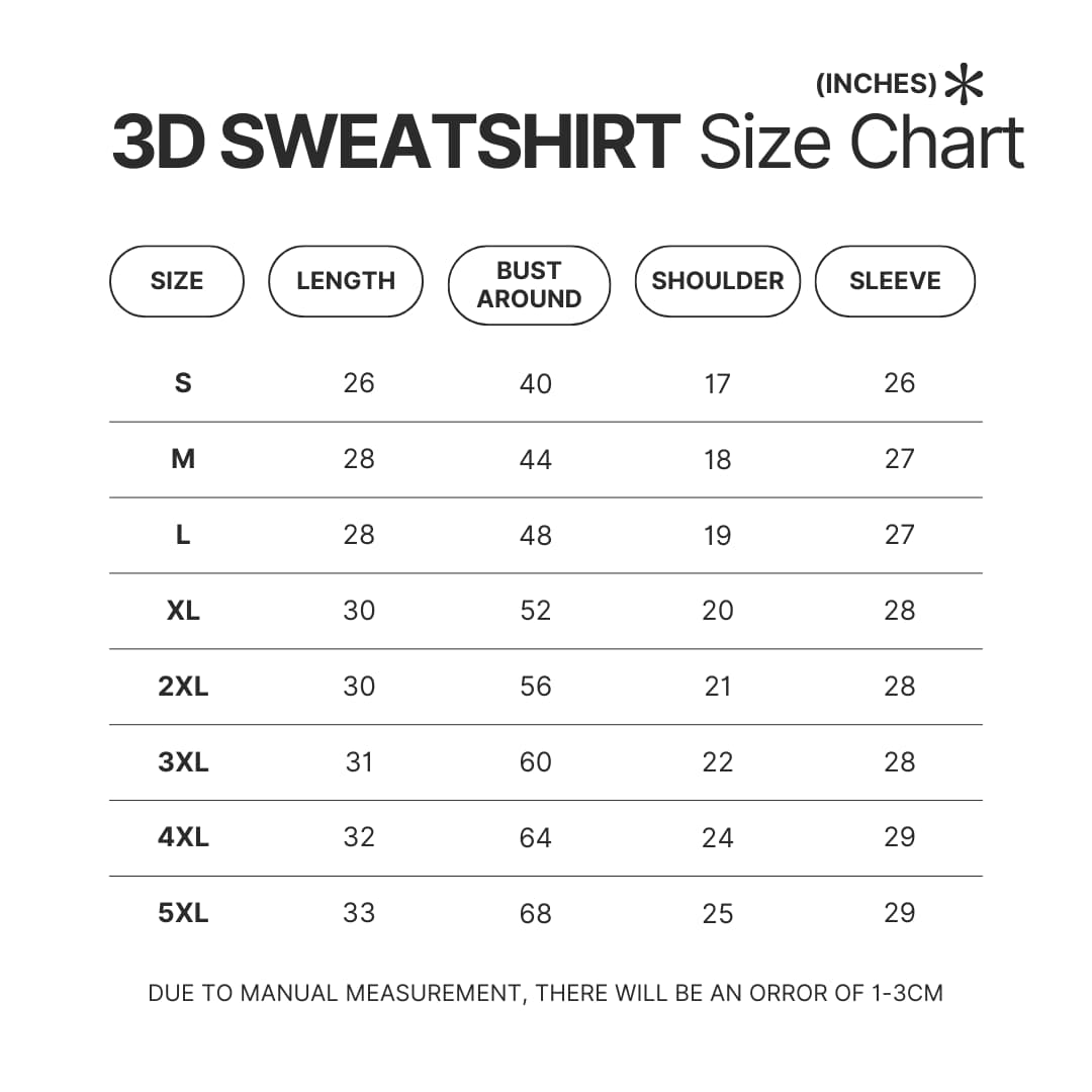 3D Sweatshirt Size Chart - One Piece Store