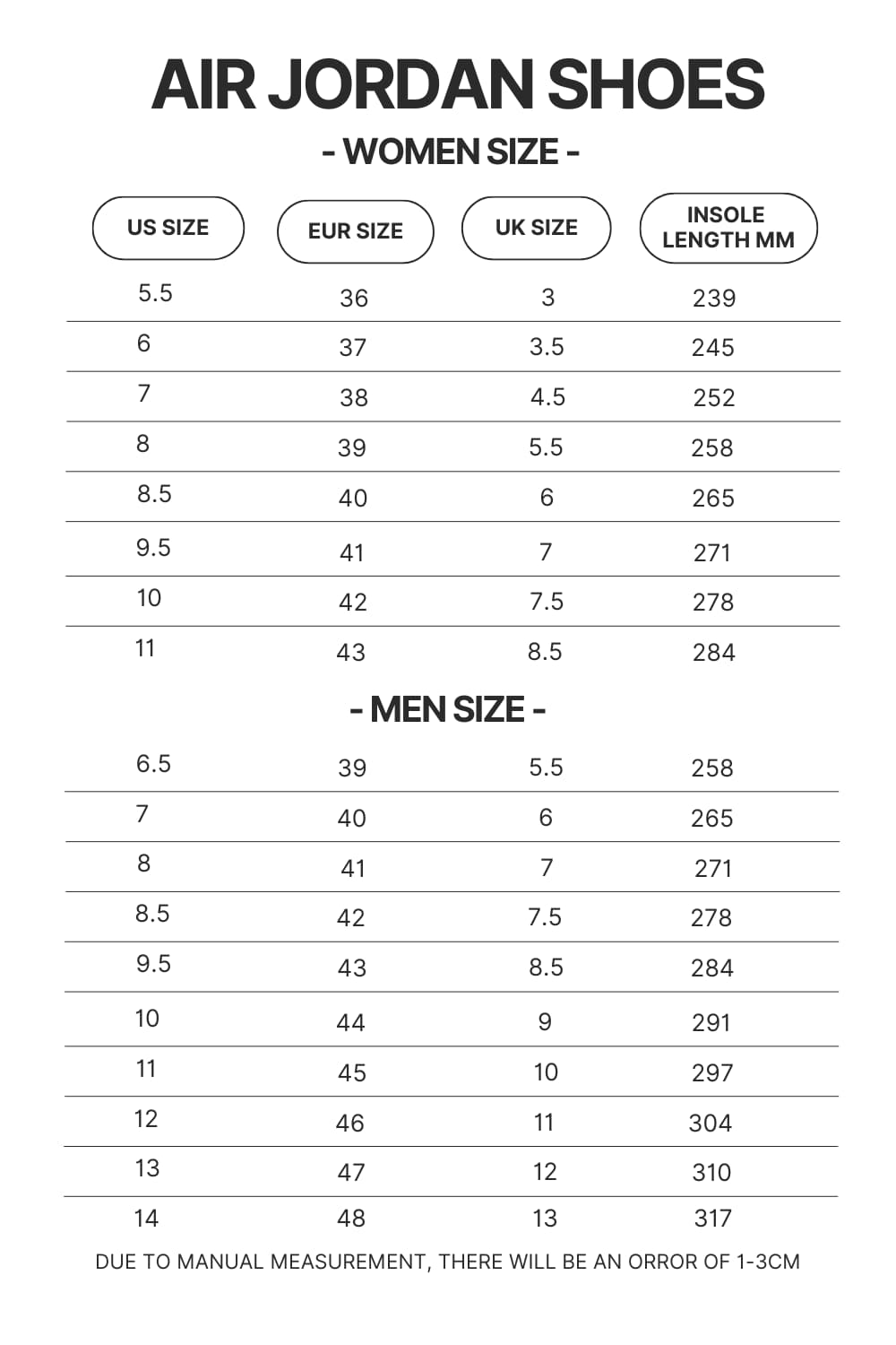 Air Jordan Shoes Size Chart - One Piece Store