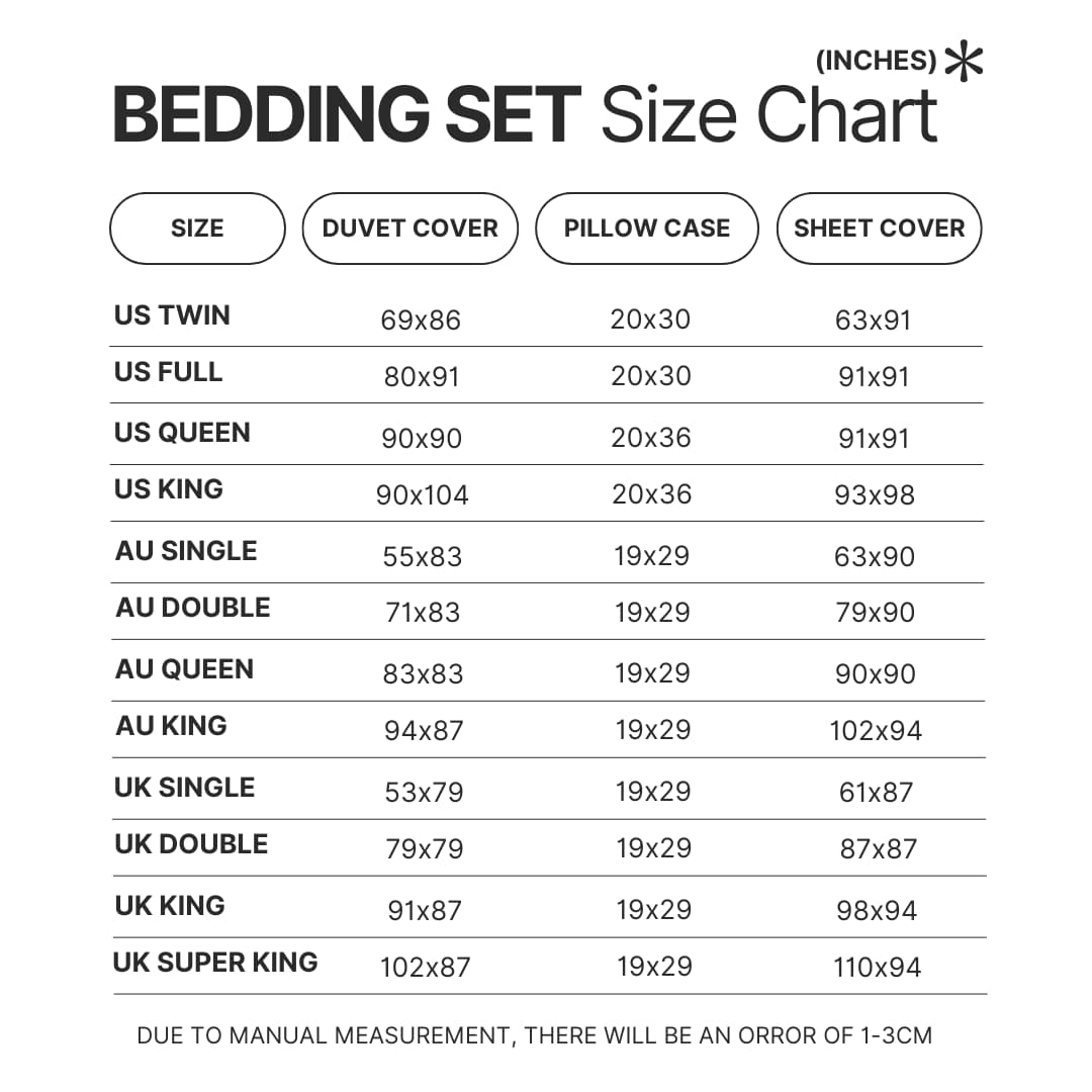 Bedding Set Size Chart - One Piece Store
