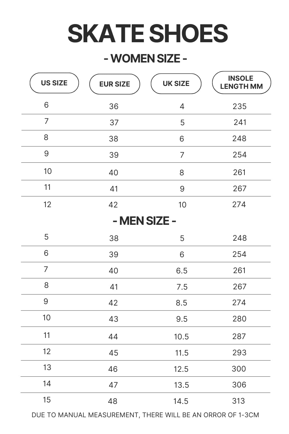 Skate Shoes Size Chart - One Piece Store