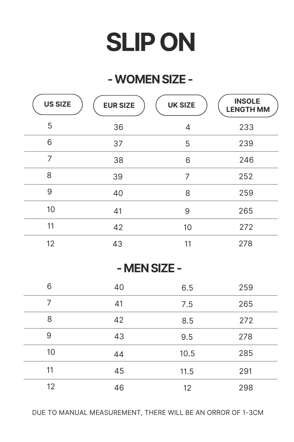 Slip On Size Chart - One Piece Store